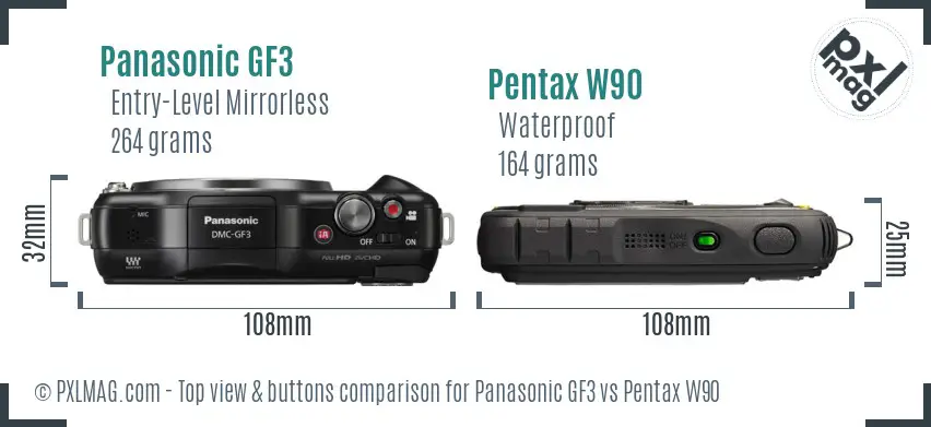Panasonic GF3 vs Pentax W90 top view buttons comparison