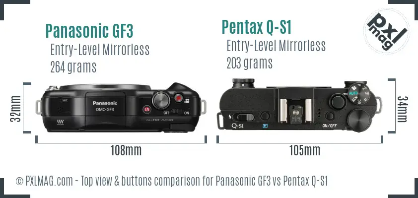 Panasonic GF3 vs Pentax Q-S1 top view buttons comparison