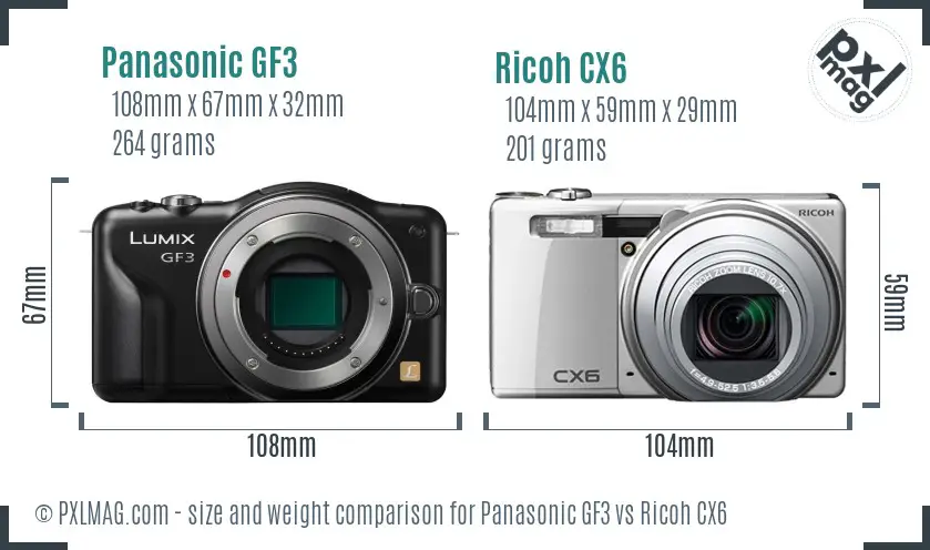 Panasonic GF3 vs Ricoh CX6 size comparison