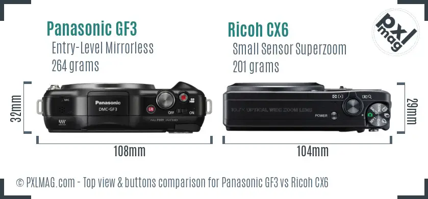 Panasonic GF3 vs Ricoh CX6 top view buttons comparison