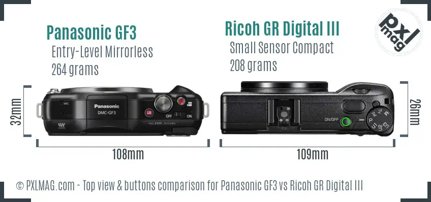 Panasonic GF3 vs Ricoh GR Digital III top view buttons comparison