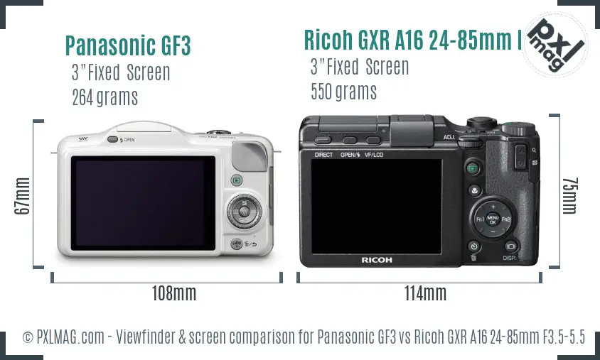 Panasonic GF3 vs Ricoh GXR A16 24-85mm F3.5-5.5 Screen and Viewfinder comparison