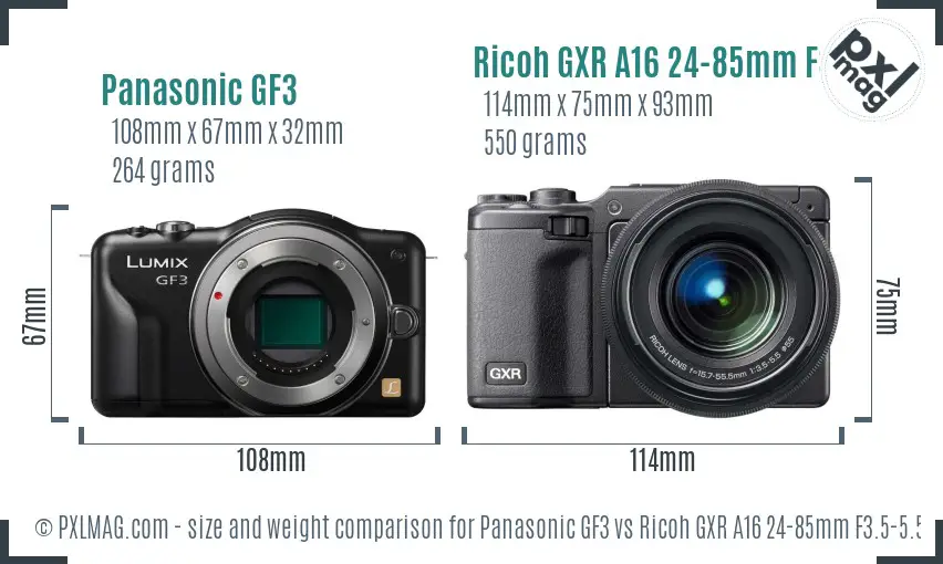 Panasonic GF3 vs Ricoh GXR A16 24-85mm F3.5-5.5 size comparison