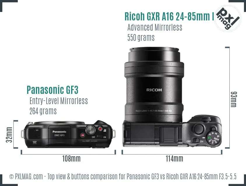 Panasonic GF3 vs Ricoh GXR A16 24-85mm F3.5-5.5 top view buttons comparison