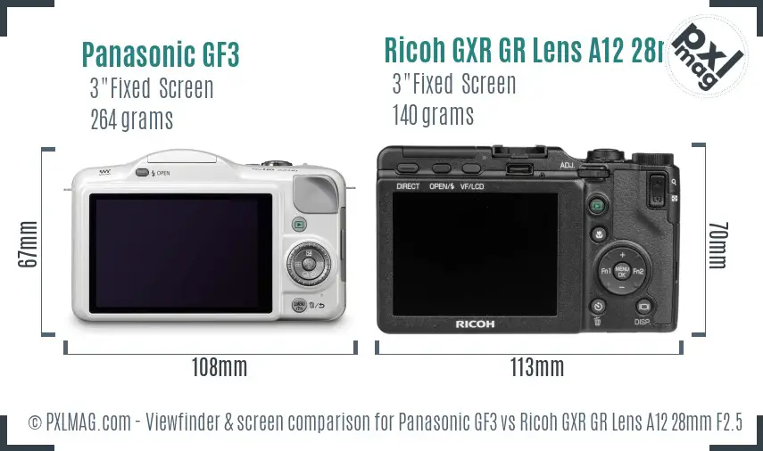 Panasonic GF3 vs Ricoh GXR GR Lens A12 28mm F2.5 Screen and Viewfinder comparison
