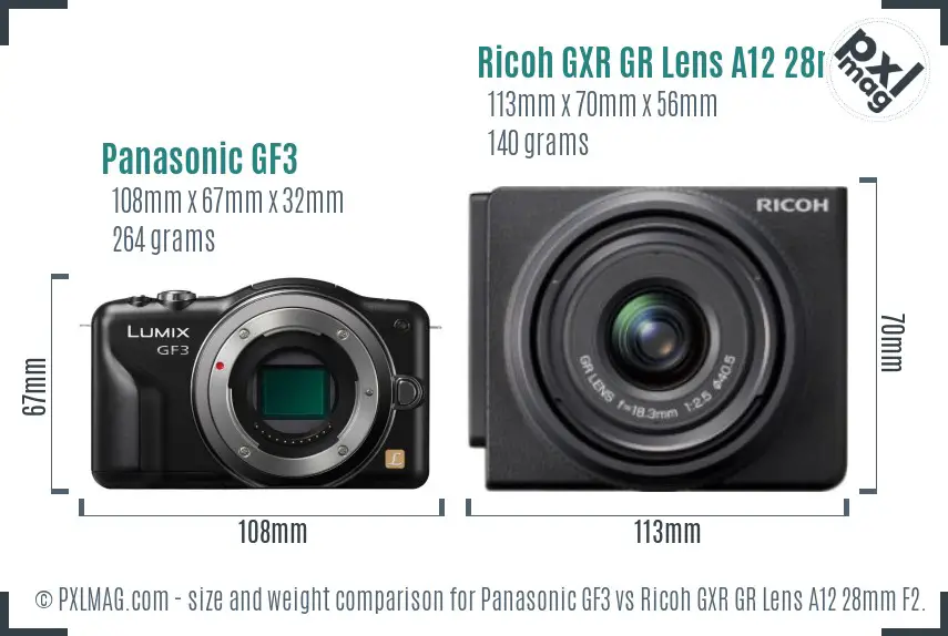 Panasonic GF3 vs Ricoh GXR GR Lens A12 28mm F2.5 size comparison
