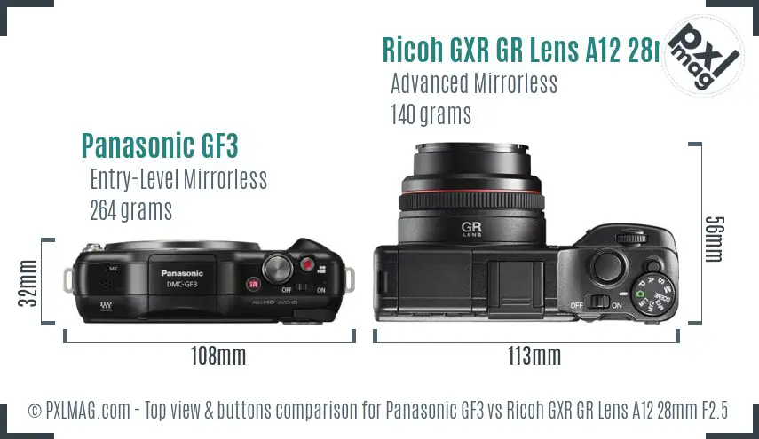 Panasonic GF3 vs Ricoh GXR GR Lens A12 28mm F2.5 top view buttons comparison