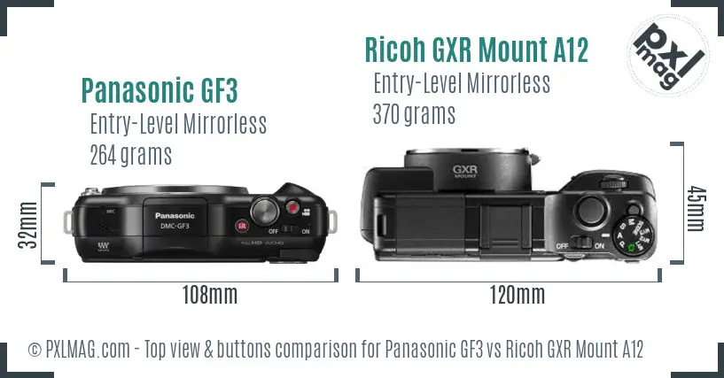 Panasonic GF3 vs Ricoh GXR Mount A12 top view buttons comparison
