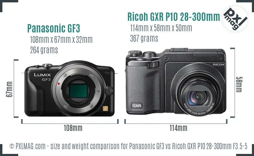 Panasonic GF3 vs Ricoh GXR P10 28-300mm F3.5-5.6 VC size comparison