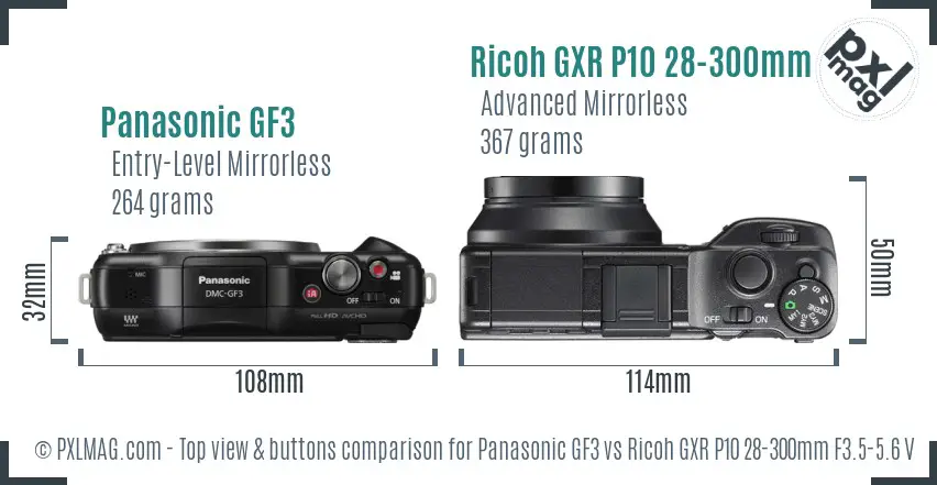 Panasonic GF3 vs Ricoh GXR P10 28-300mm F3.5-5.6 VC top view buttons comparison
