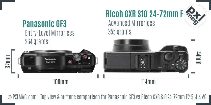 Panasonic GF3 vs Ricoh GXR S10 24-72mm F2.5-4.4 VC top view buttons comparison