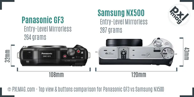 Panasonic GF3 vs Samsung NX500 top view buttons comparison