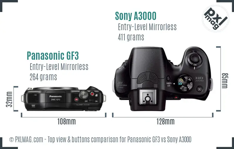Panasonic GF3 vs Sony A3000 top view buttons comparison