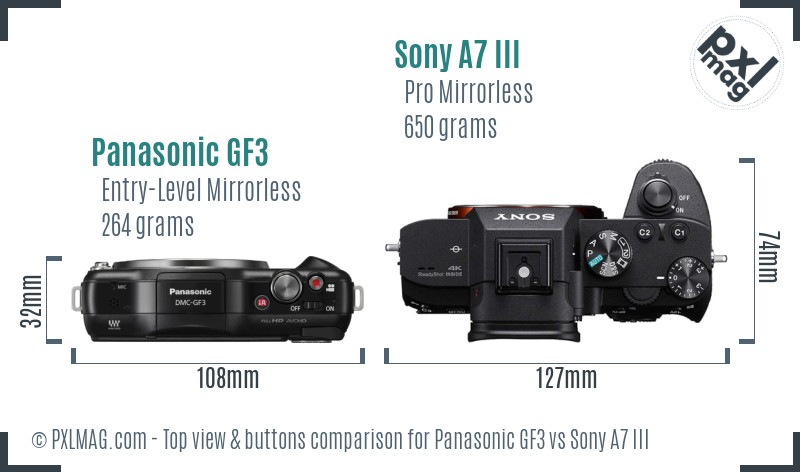 Panasonic GF3 vs Sony A7 III top view buttons comparison
