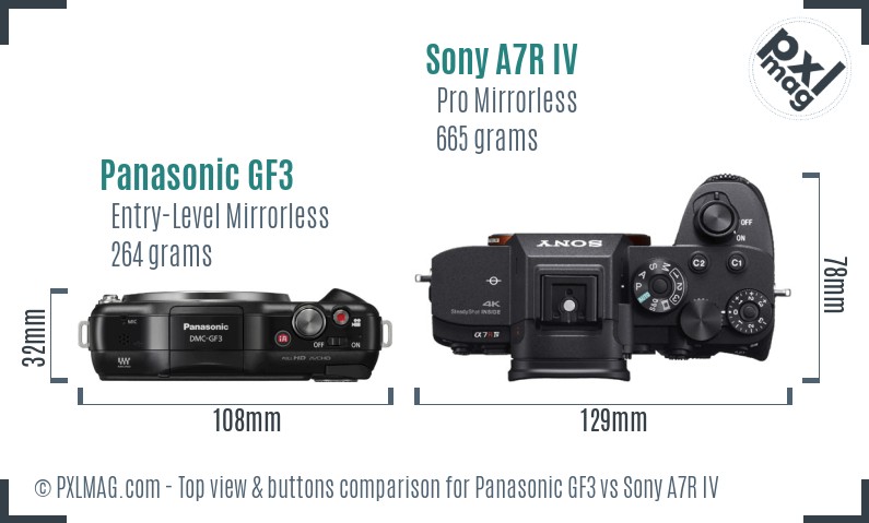 Panasonic GF3 vs Sony A7R IV top view buttons comparison