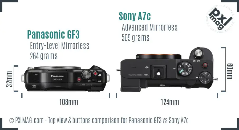 Panasonic GF3 vs Sony A7c top view buttons comparison