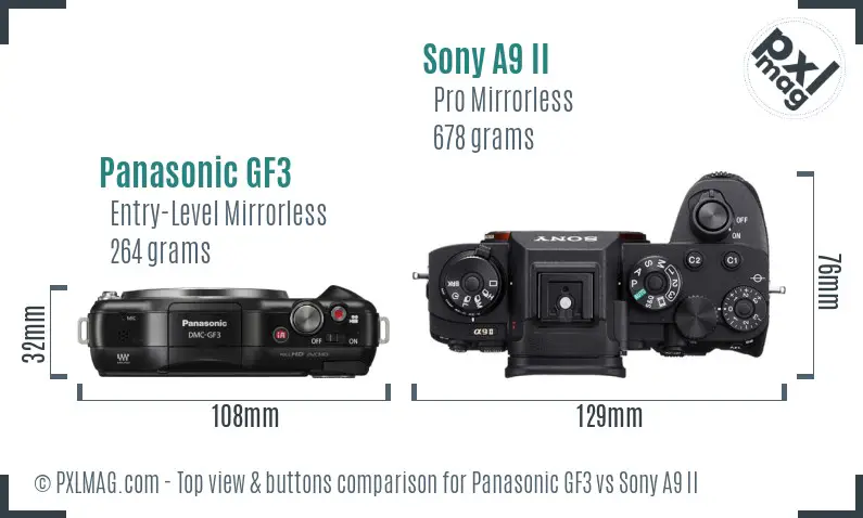 Panasonic GF3 vs Sony A9 II top view buttons comparison
