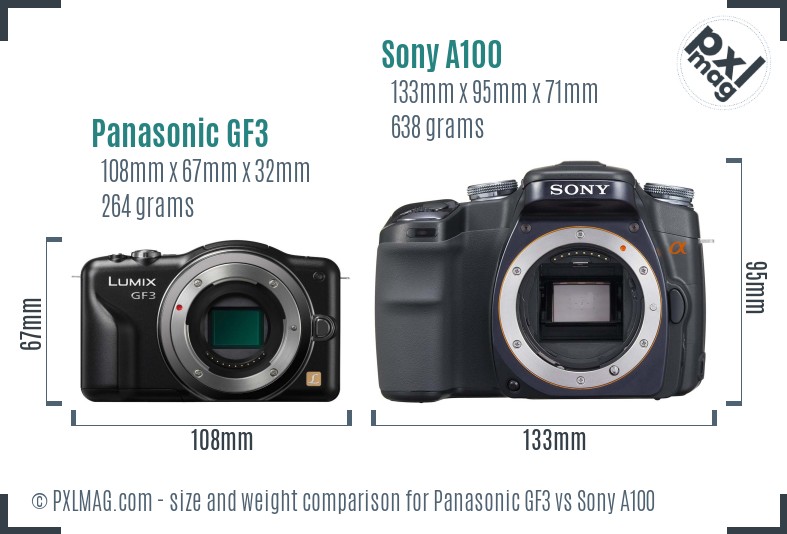 Panasonic GF3 vs Sony A100 size comparison Panasonic GF3 vs Sony A100 size comparison