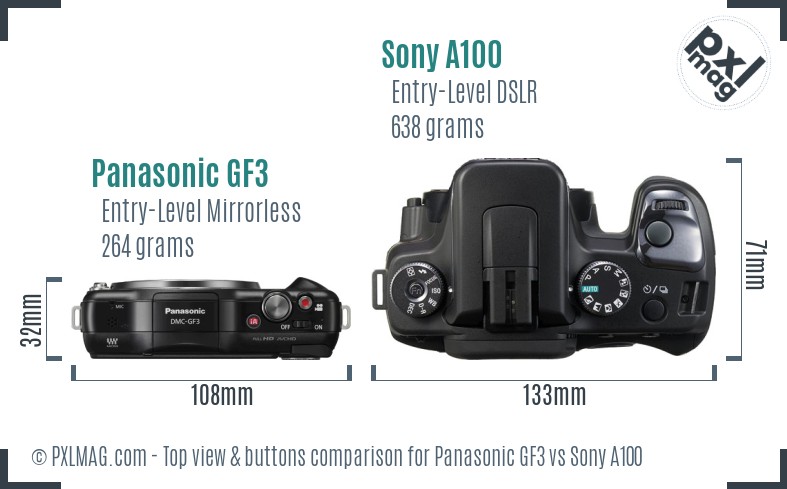 Panasonic GF3 vs Sony A100 top view buttons comparison