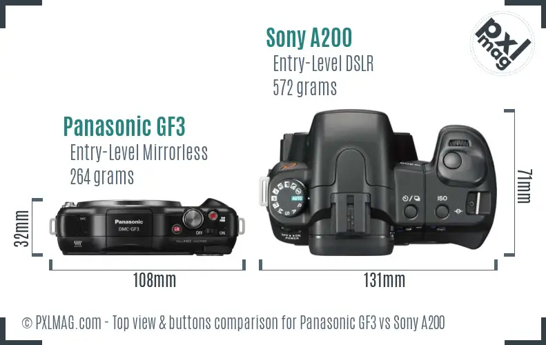Panasonic GF3 vs Sony A200 top view buttons comparison Panasonic GF3 vs Sony A200 top view buttons comparison