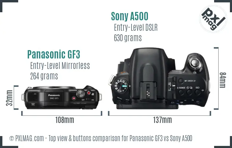 Panasonic GF3 vs Sony A500 top view buttons comparison