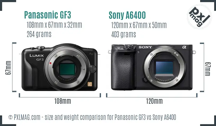 Panasonic GF3 vs Sony A6400 size comparison