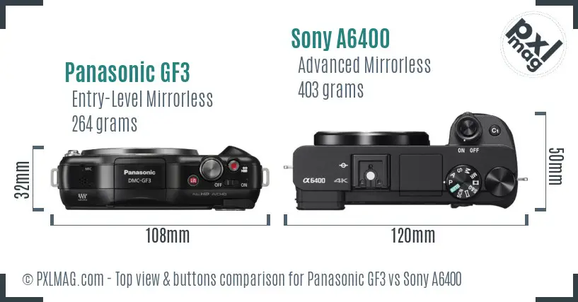 Panasonic GF3 vs Sony A6400 top view buttons comparison
