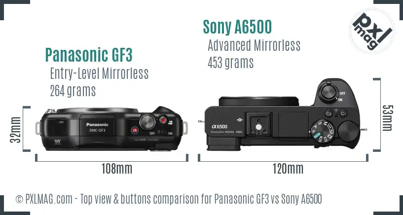 Panasonic GF3 vs Sony A6500 top view buttons comparison