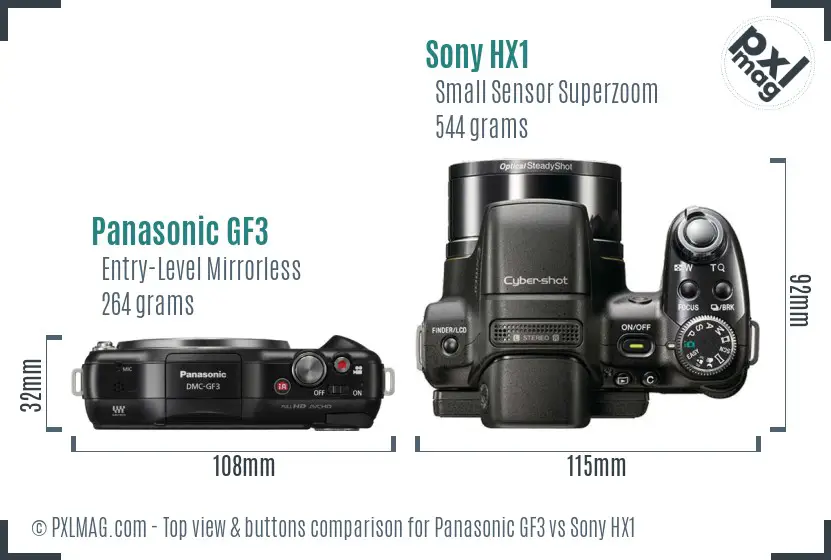 Panasonic GF3 vs Sony HX1 top view buttons comparison