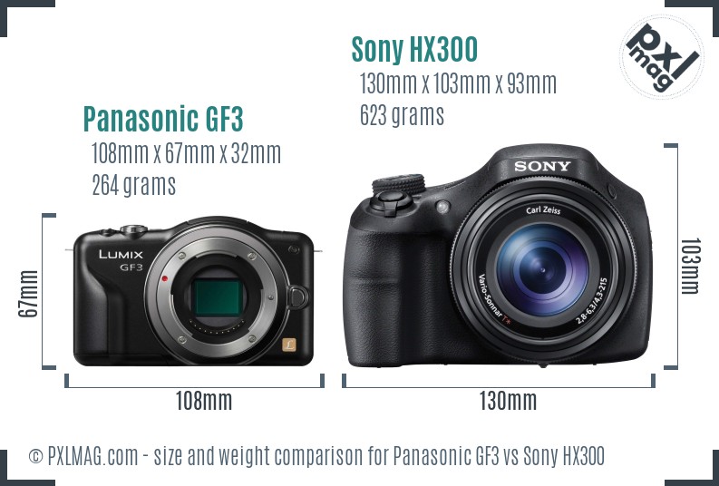 Panasonic GF3 vs Sony HX300 size comparison
