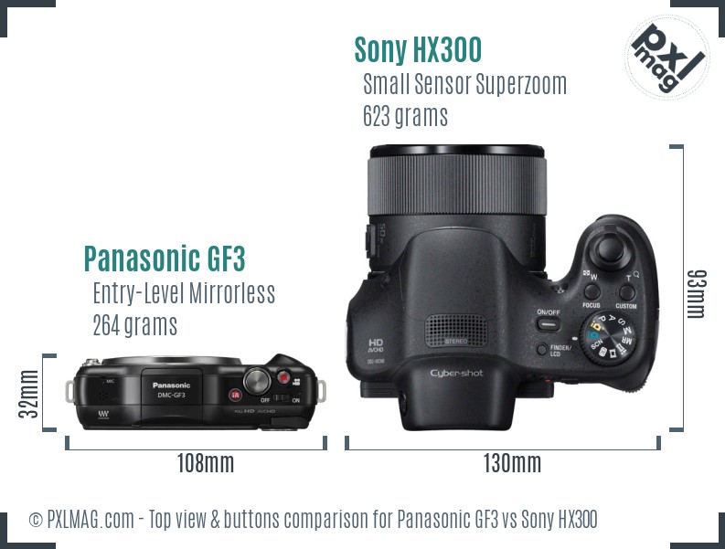 Panasonic GF3 vs Sony HX300 top view buttons comparison