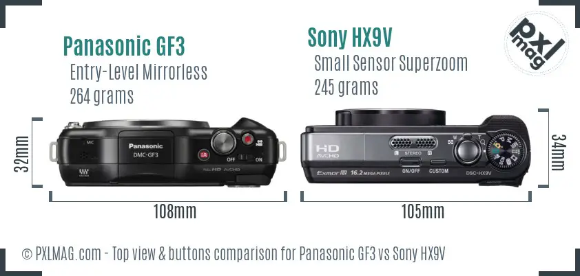 Panasonic GF3 vs Sony HX9V top view buttons comparison