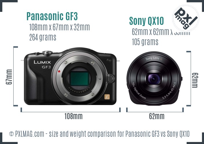 Panasonic GF3 vs Sony QX10 size comparison