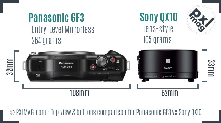 Panasonic GF3 vs Sony QX10 top view buttons comparison