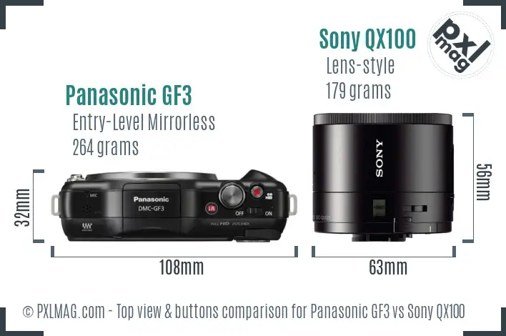Panasonic GF3 vs Sony QX100 top view buttons comparison
