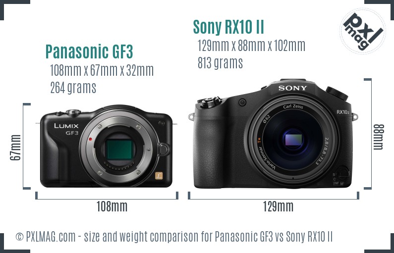 Panasonic GF3 vs Sony RX10 II size comparison