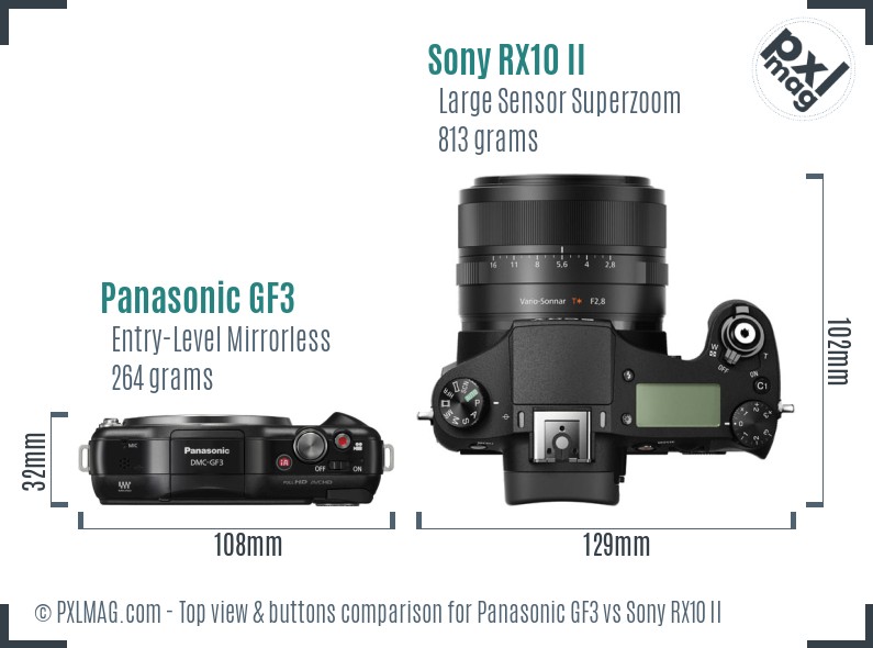 Panasonic GF3 vs Sony RX10 II top view buttons comparison
