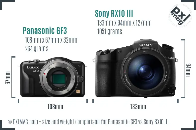 Panasonic GF3 vs Sony RX10 III size comparison