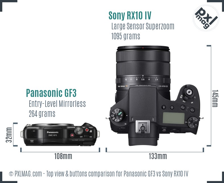 Panasonic GF3 vs Sony RX10 IV top view buttons comparison