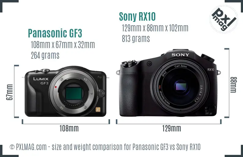 Panasonic GF3 vs Sony RX10 size comparison