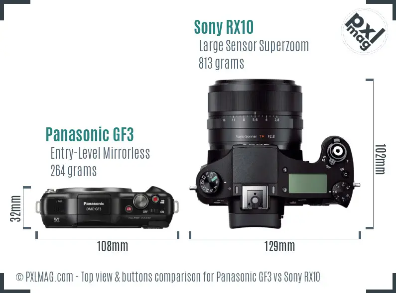 Panasonic GF3 vs Sony RX10 top view buttons comparison