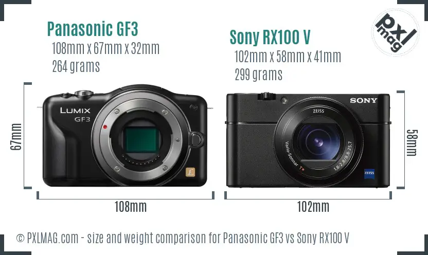 Panasonic GF3 vs Sony RX100 V size comparison