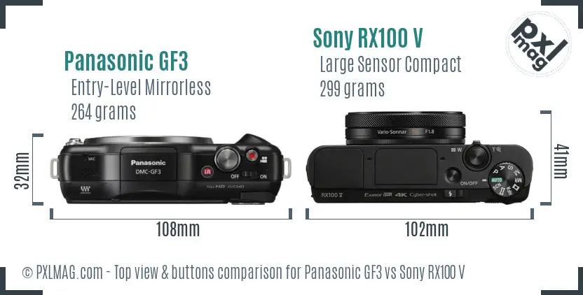Panasonic GF3 vs Sony RX100 V top view buttons comparison