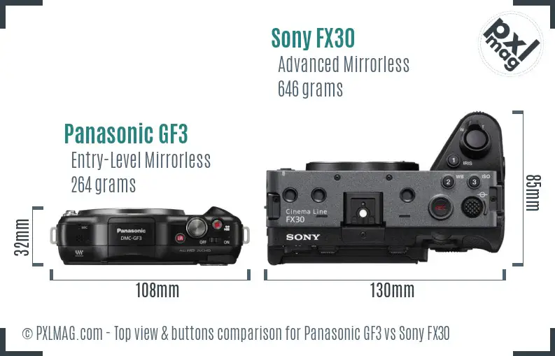 Panasonic GF3 vs Sony FX30 top view buttons comparison Panasonic GF3 vs Sony FX30 top view buttons comparison