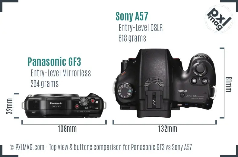 Panasonic GF3 vs Sony A57 top view buttons comparison