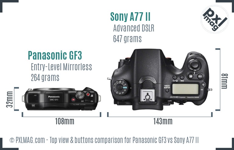 Panasonic GF3 vs Sony A77 II top view buttons comparison