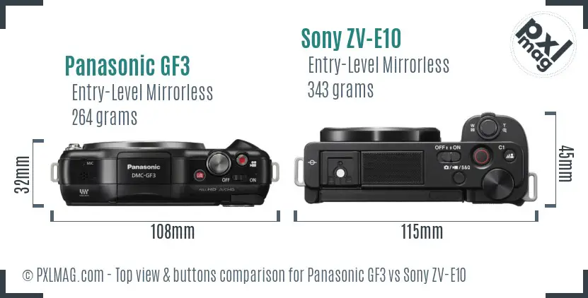 Panasonic GF3 vs Sony ZV-E10 top view buttons comparison