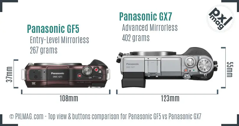 Panasonic GF5 vs Panasonic GX7 top view buttons comparison