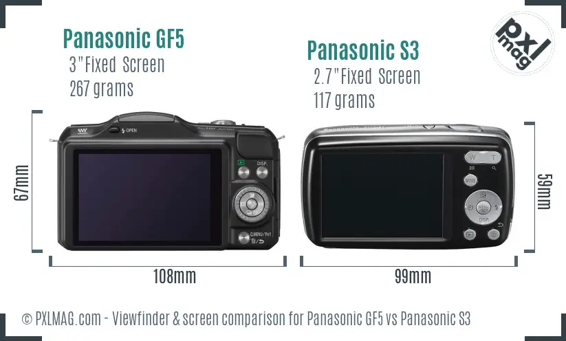 Panasonic GF5 vs Panasonic S3 Screen and Viewfinder comparison