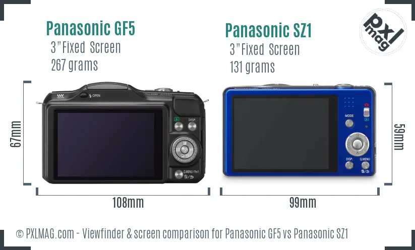Panasonic GF5 vs Panasonic SZ1 Screen and Viewfinder comparison